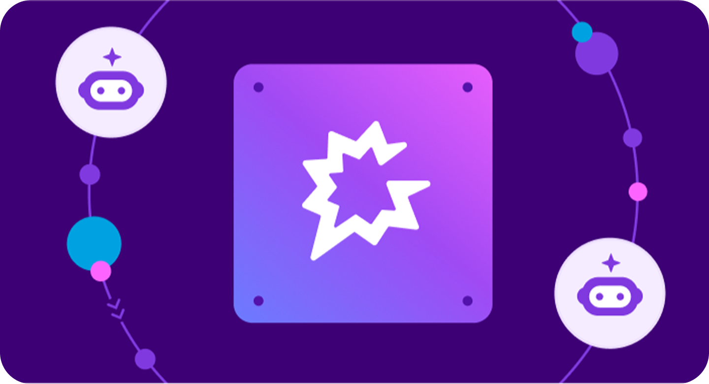 Abstract graphic featuring a central purple square with a white, star-shaped explosion logo, surrounded by two circular robot icons