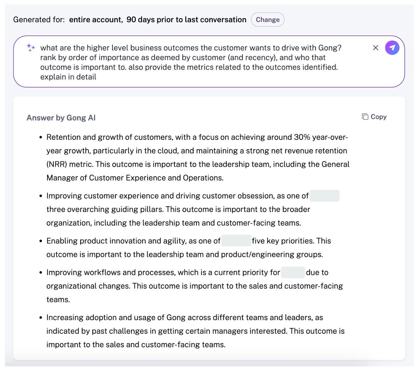 A screenshot of a text input box with a prompt about the customer's high-level business outcomes and an AI-generated response