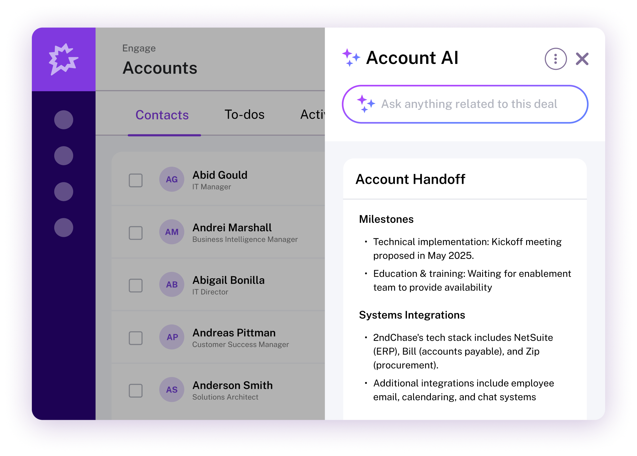 A CRM-style interface is shown with a contact list on the left and an "Account AI" sidebar on the right.