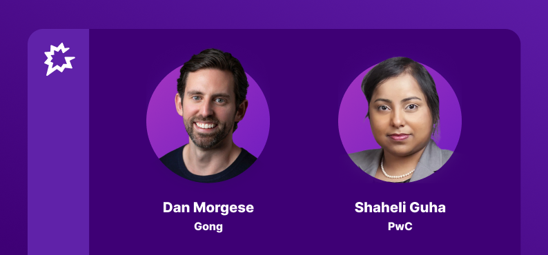 Headshots of a man and a woman in circles against a purple background