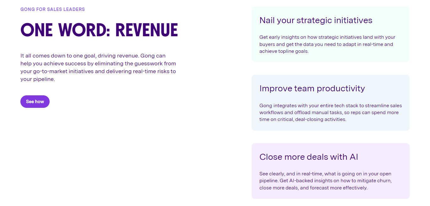 Gong sales platform features: strategic initiatives, team productivity, and AI-powered deal closing