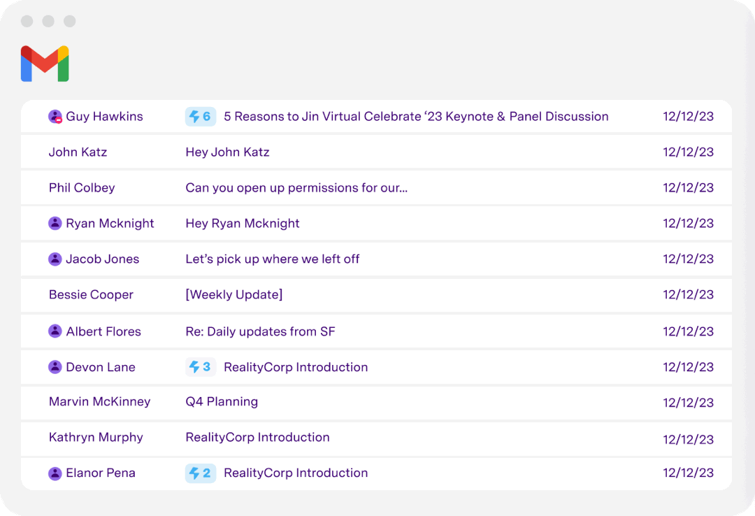 Gmail inbox showing multiple emails dated 12/12/23 from team members about meetings, updates, and projects
