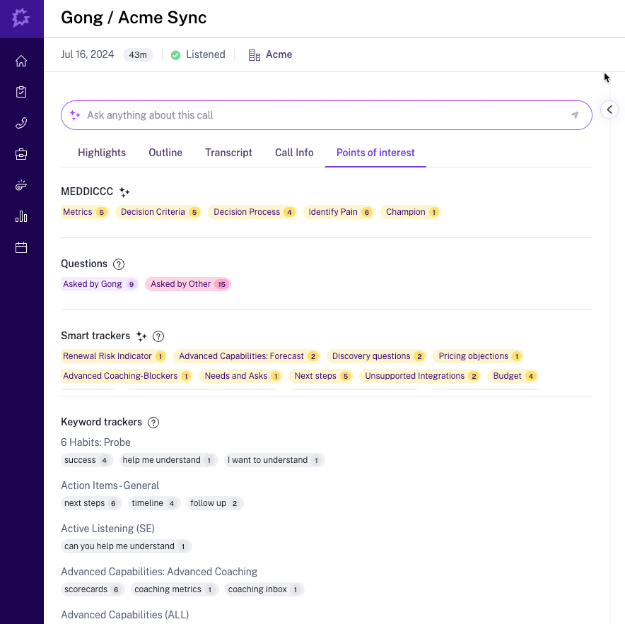 Points of interest in Gong conversation intelligence