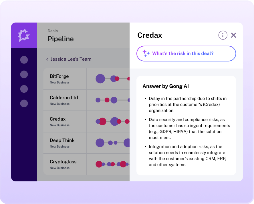 Dashboard showing Gong Revenue Analytics with pipeline metrics, team performance targets, and deal progress visualized in charts and tables for revenue teams.