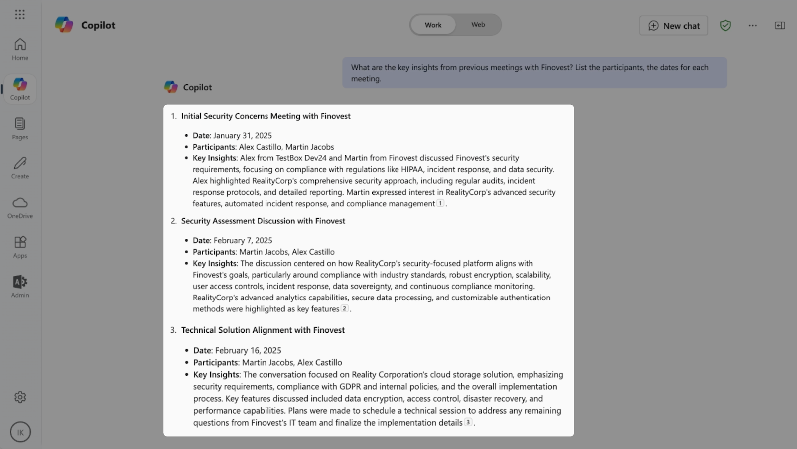 Meeting notes summarizing three Finvest security discussions with dates, participants, and key insights.