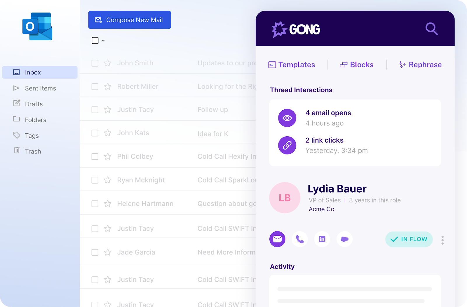 Gong Anywhere Gmail interface showing email thread interactions and contact details for Lydia Bauer from Acme Co
