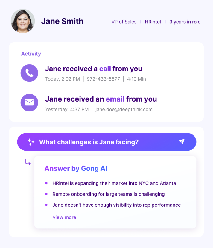 Jane Smith's customer profile showing call and email activity with AI-generated insights on sales challenges.