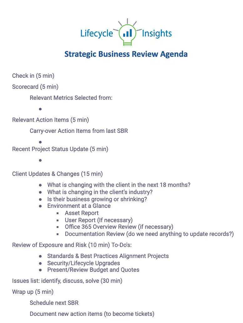 Lifecycle Insights Strategic Business Review agenda with 90-minute timeline covering check-in, scorecard, metrics, action items, project status, client updates, risk review, and issues discussion.