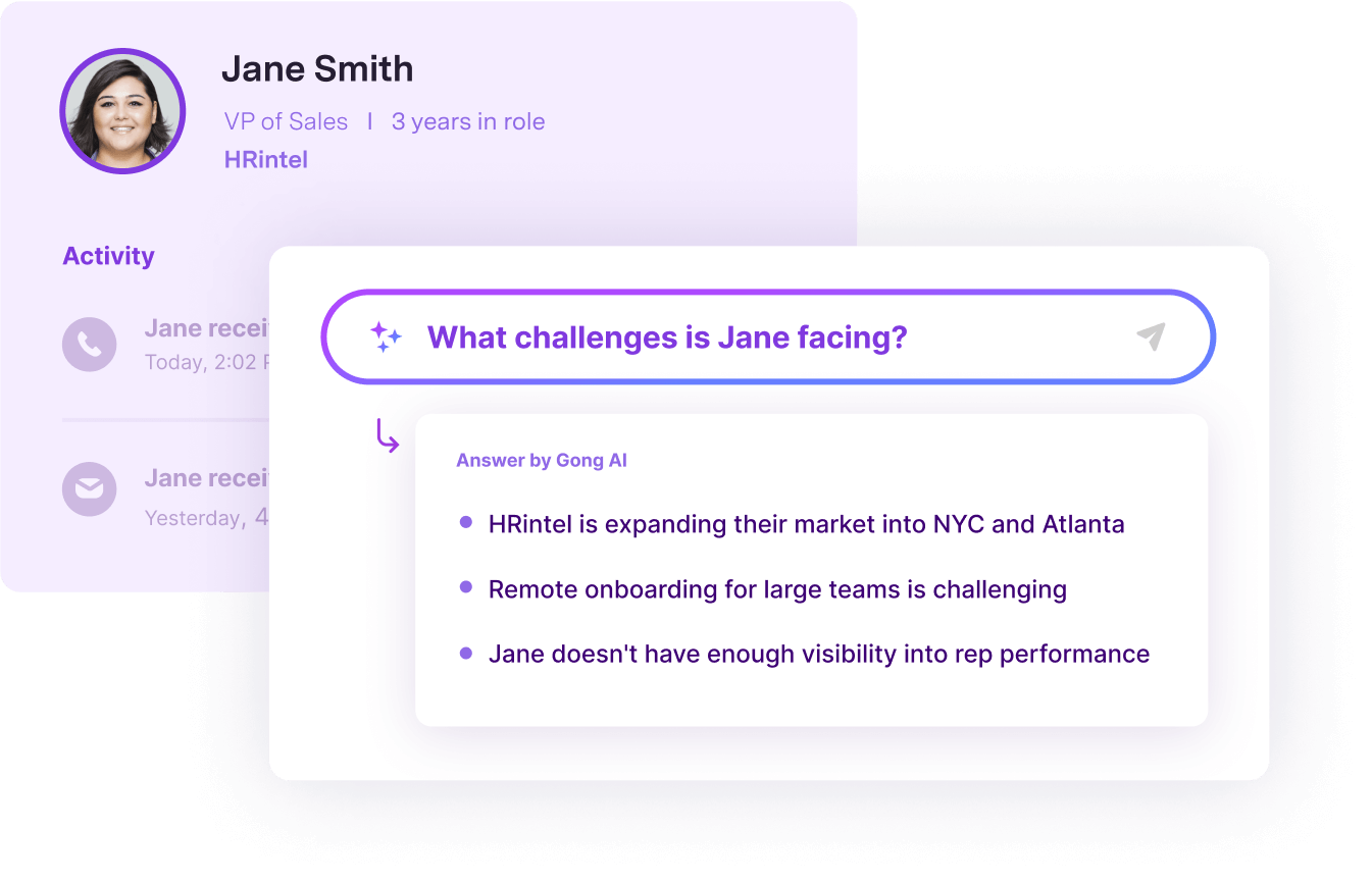 Gong AI answering question about Jane Smith's challenges: market expansion, remote onboarding, and sales rep visibility