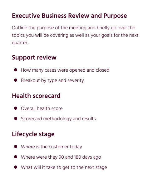 QBR agenda outline covering support review, health scorecard, and lifecycle stage metrics