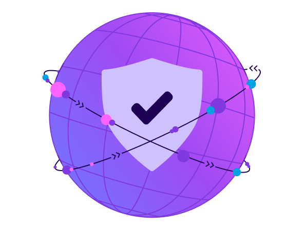 Global network security shield with checkmark icon