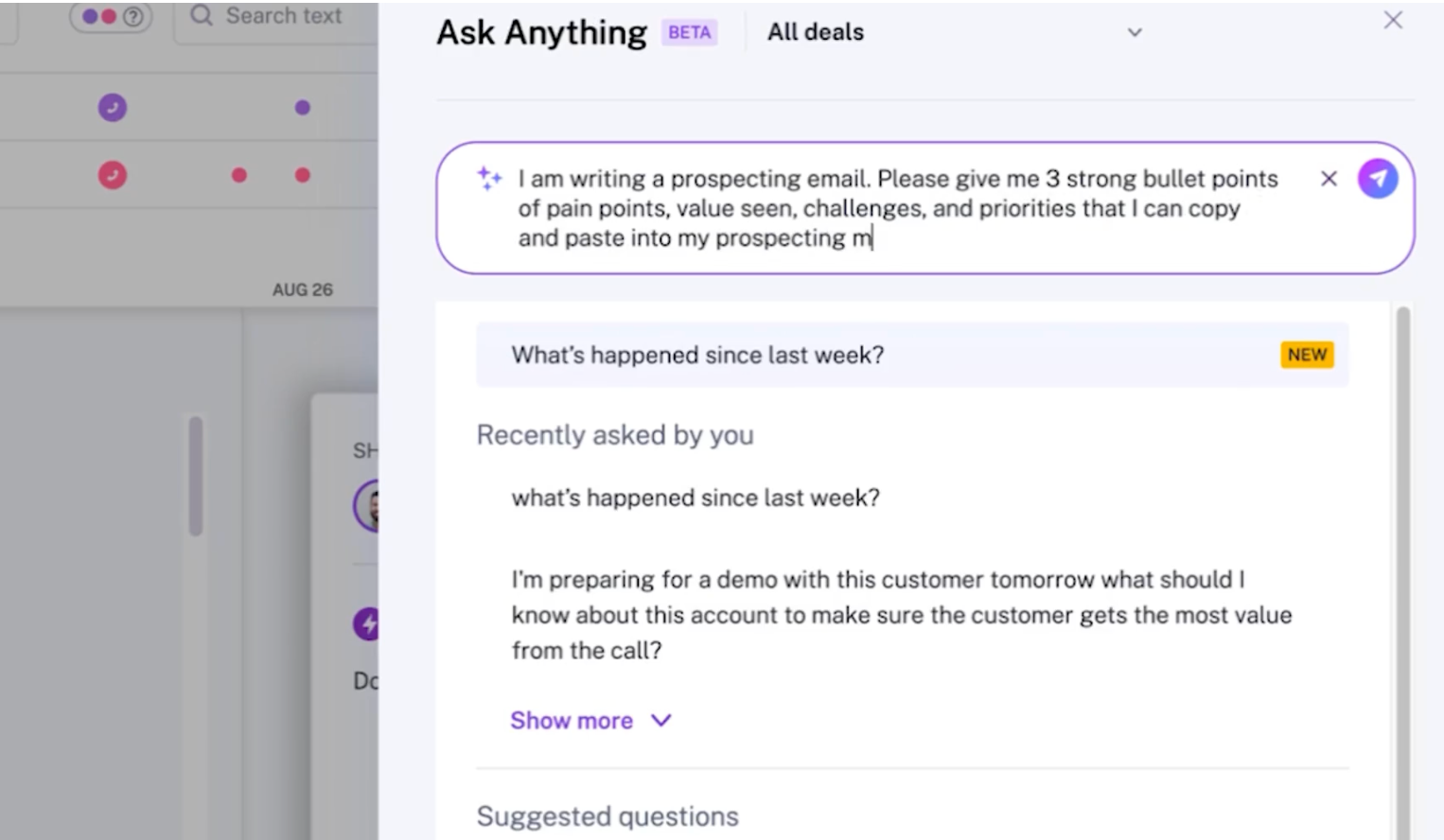Gong's Ask Anything interface showing prospecting email suggestions with pain points and value propositions