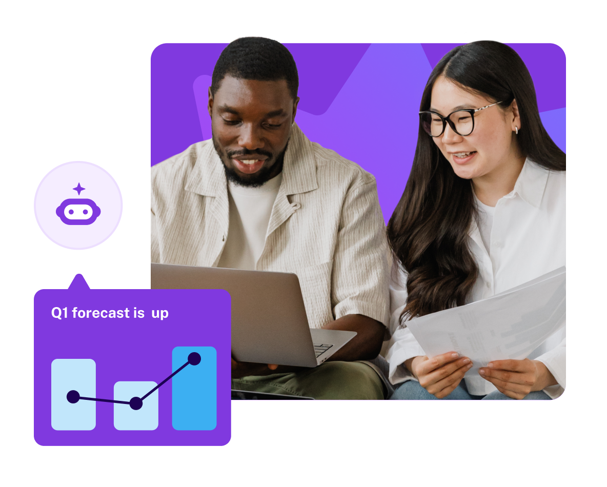 Man and woman look at a laptop and a pop up says that the Q1 forecast is up