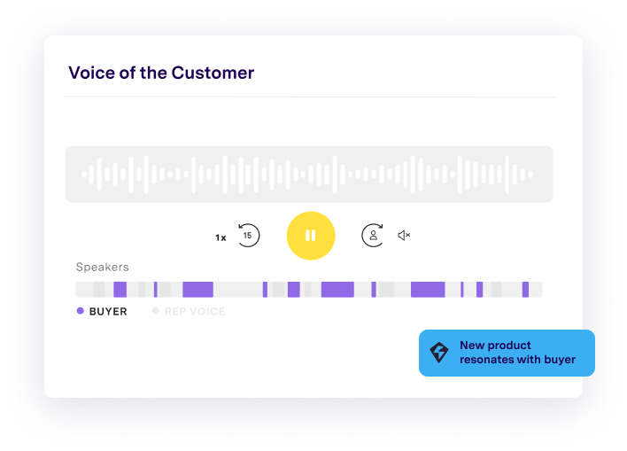 Voice of the Customer audio player with buyer and rep voice tracks, showing new product resonates with buyer insight