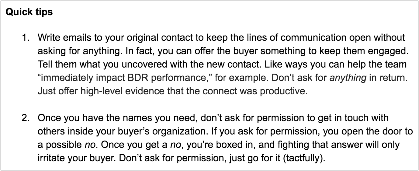 Quick tips for expanding buyer contacts and securing commitments