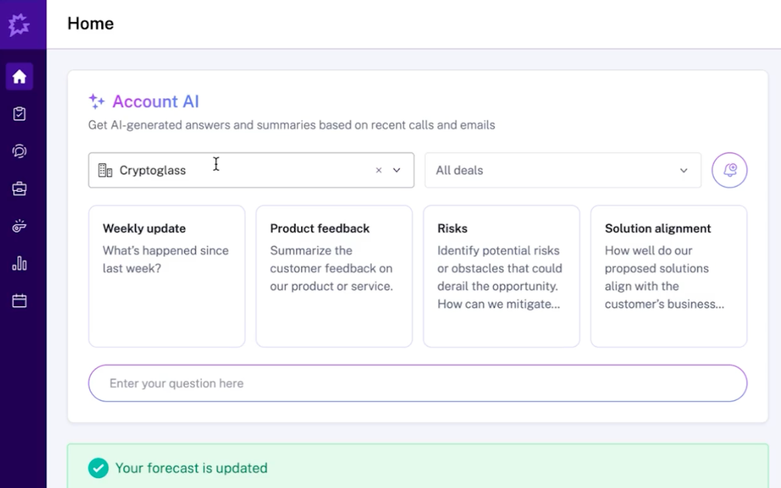 Account AI interface showing Cryptoglass account analysis options: Weekly update, Product feedback, Risks, and Solution alignment prompts with custom question input field.
