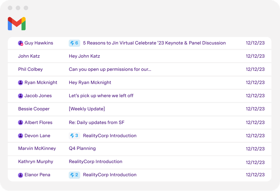 Gmail inbox showing emails from team members about RealityCorp Introduction and weekly updates, dated 12/12/23