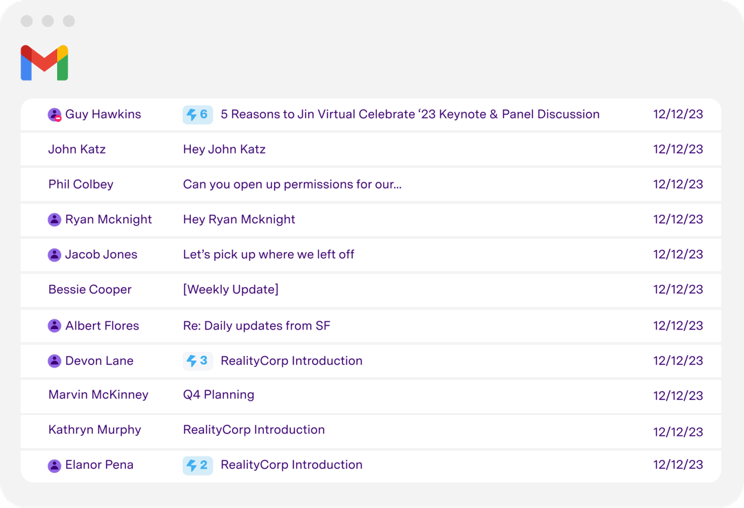 Gmail inbox showing emails from team members about RealityCorp Introduction and weekly updates, dated 12/12/23