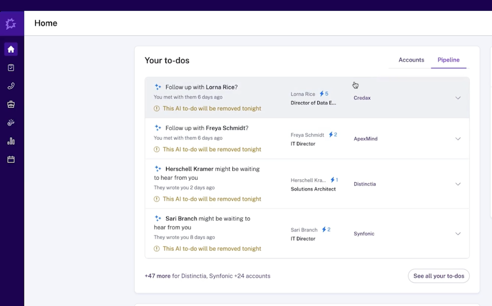 Gong Engage home dashboard showing to-do list with follow-up tasks for sales contacts and their associated accounts.