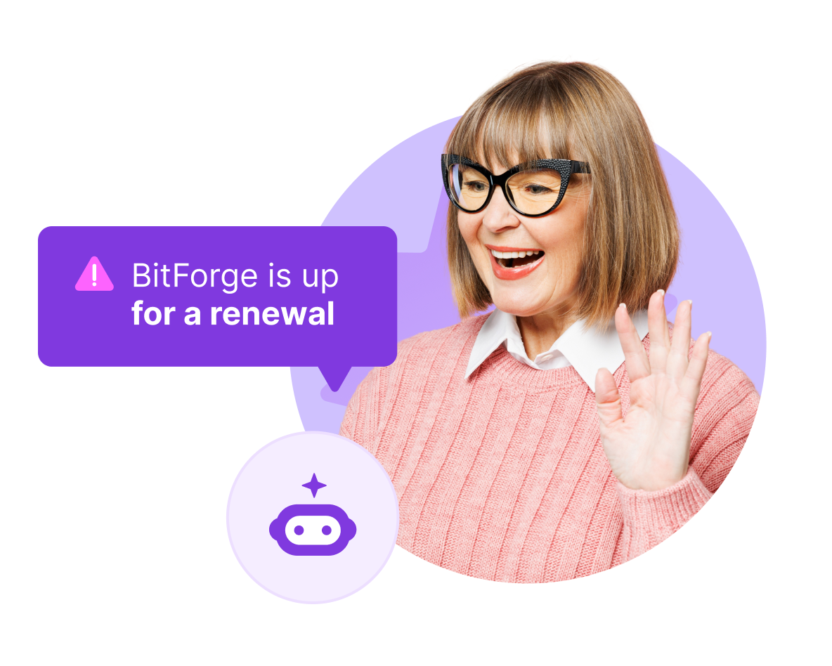 A woman with glasses and a pink sweater smiles and waves next to a notification bubble