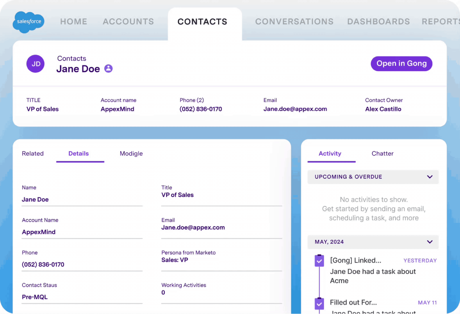 Salesforce contact profile for Jane Doe, VP of Sales at AppexMind