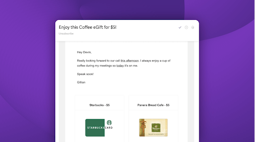 Email offering $5 Starbucks or Panda Express gift card