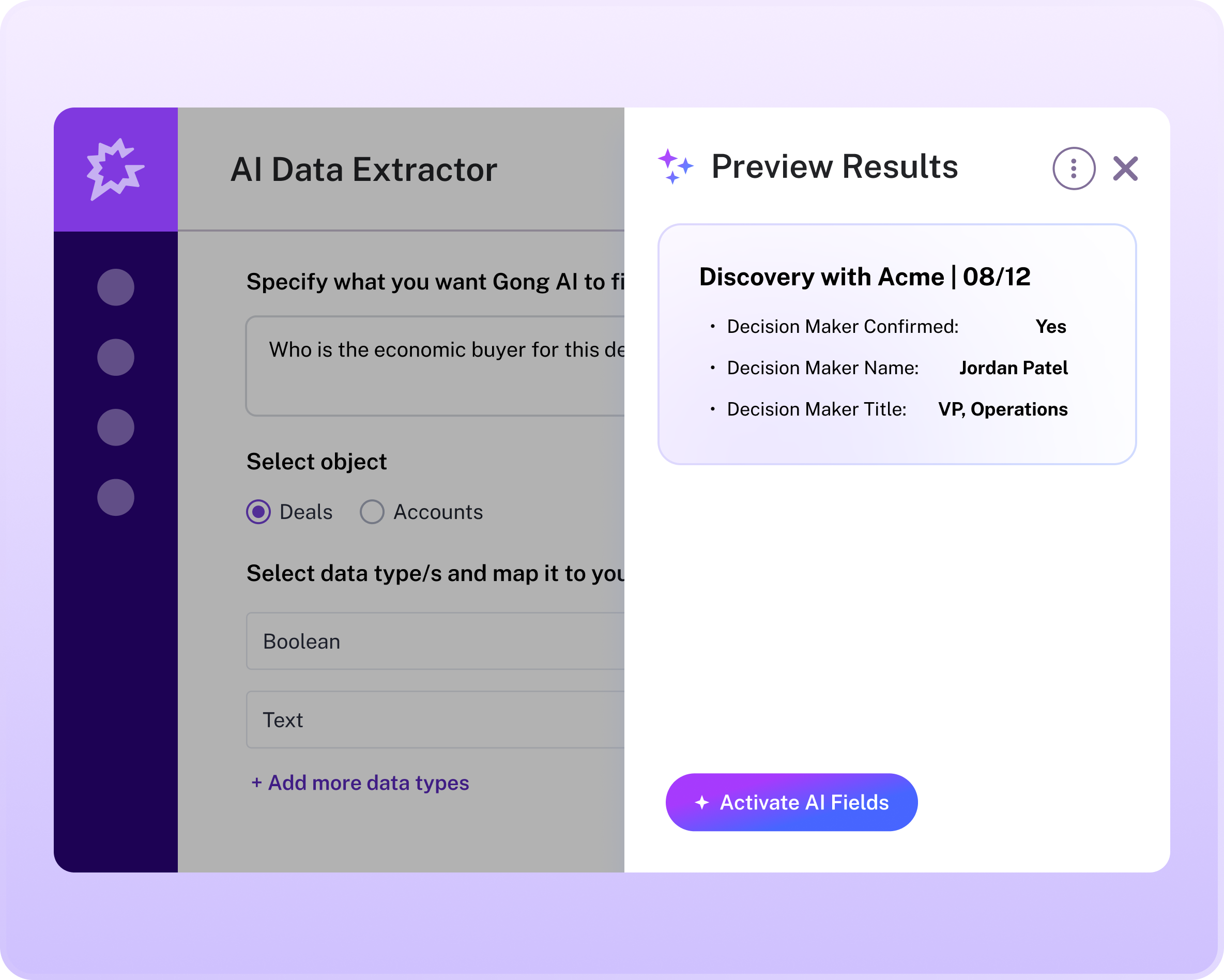 AI Data Extractor interface showing deal data extraction with preview results for Jordan Patel, VP Operations at Acme.