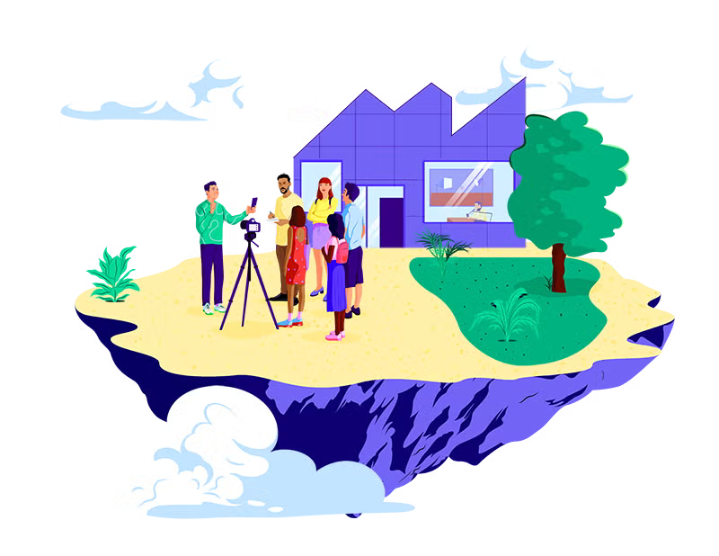 A team of people filming a video outside a house, representing content creation and influencer marketing.
