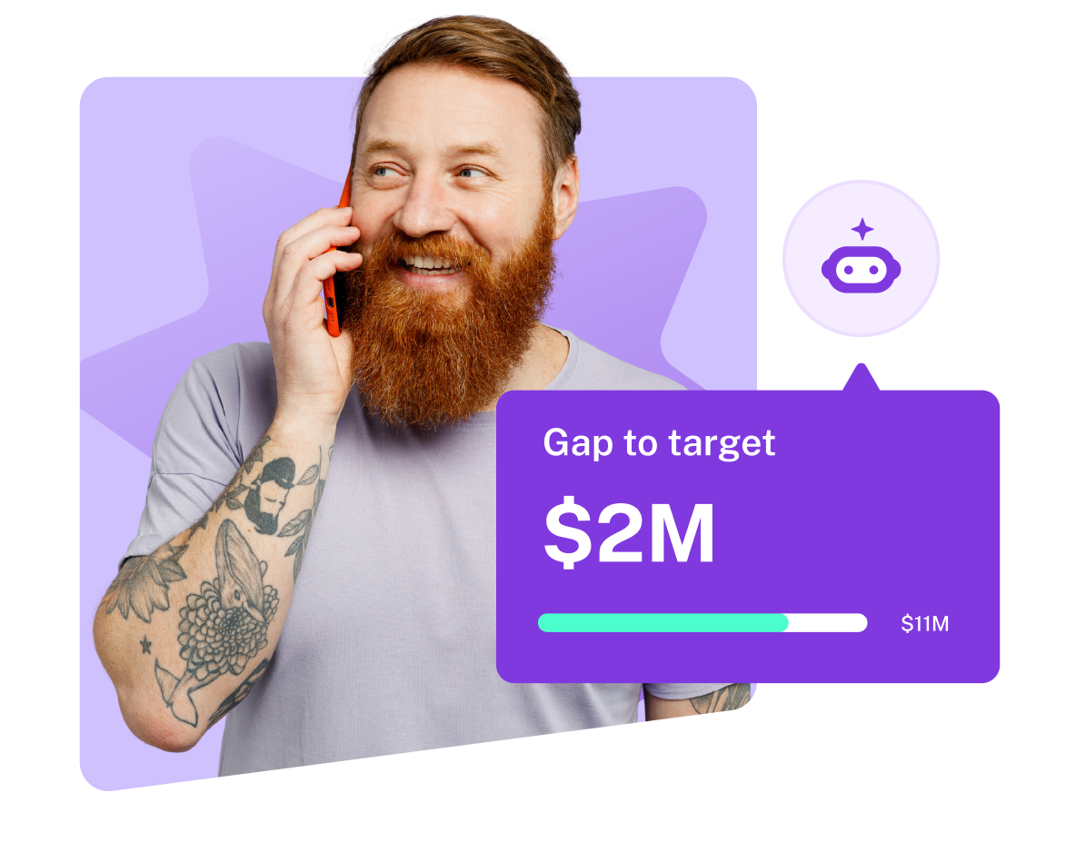 Man on phone with $2M revenue forecast gap progress indicator showing $11M current status