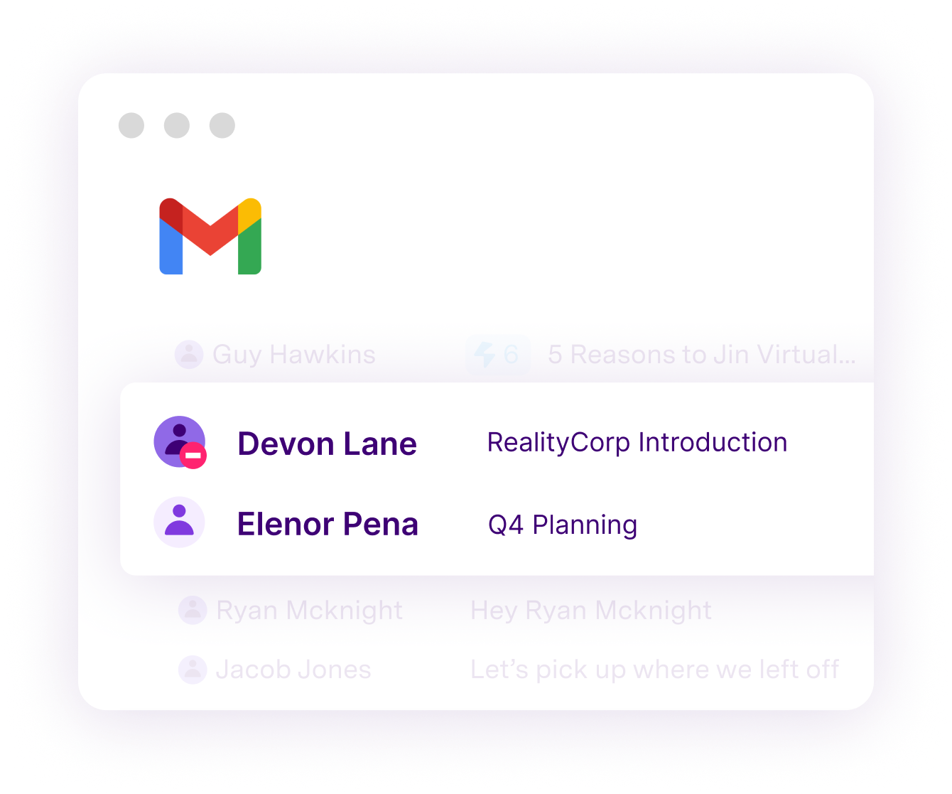 Gmail inbox showing contacts including Devon Lane (RealityCorp Introduction) and Elenor Pena (Q4 Planning)