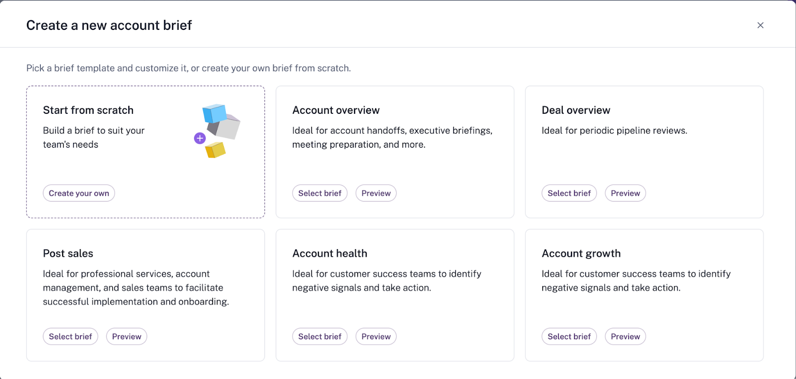 Account brief template selection dialog with six customizable options for sales and customer success teams.