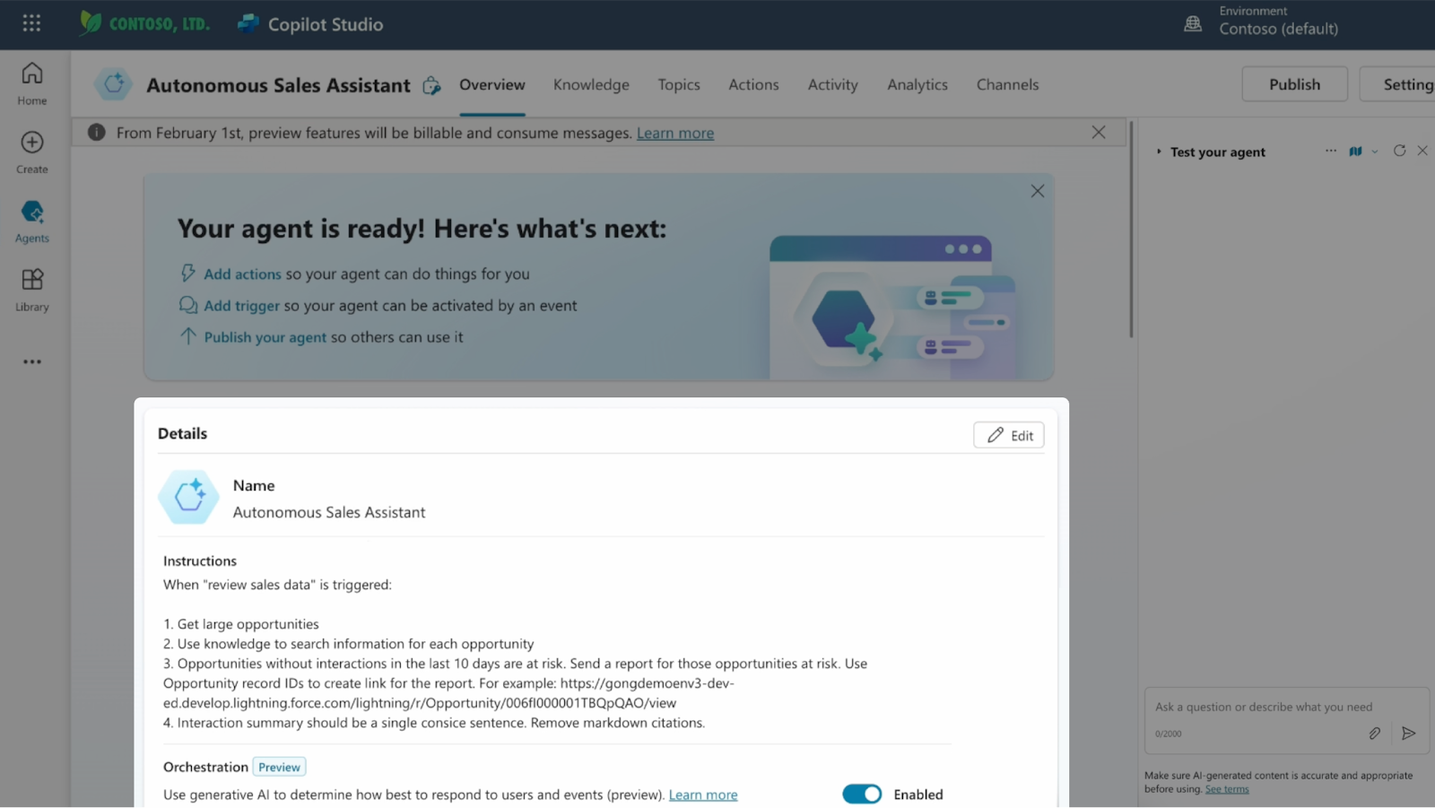 Autonomous Sales Assistant agent setup interface showing instructions and orchestration settings in Copilot Studio.