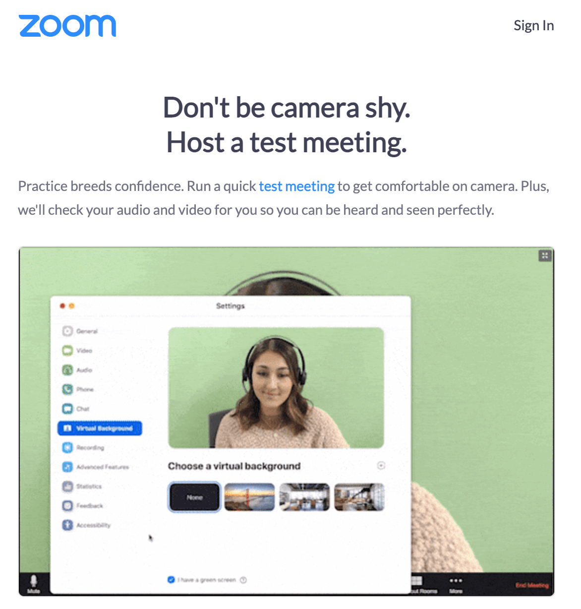 Zoom settings panel showing virtual background options with a woman on green screen background