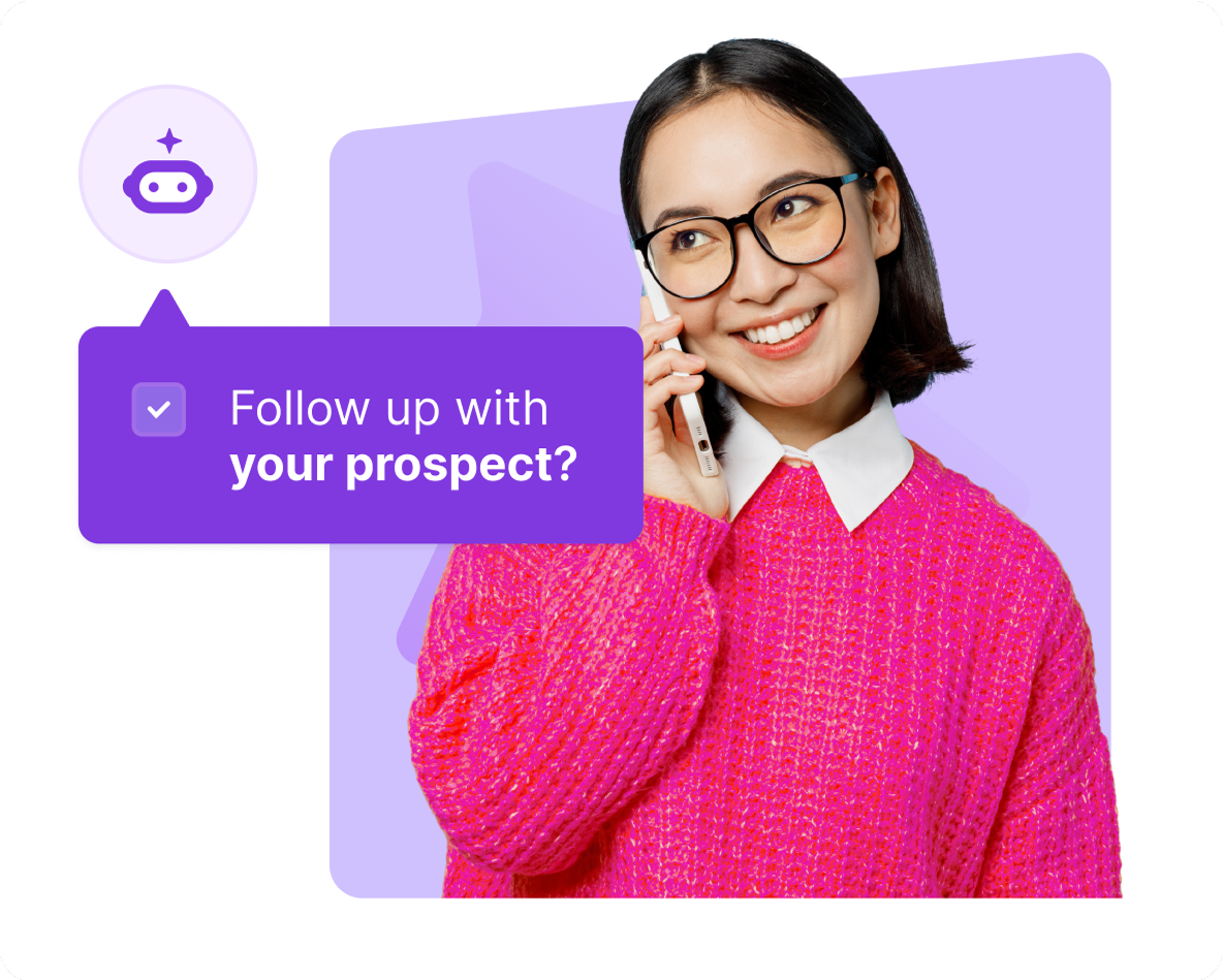 Woman on phone with text "Follow up with your prospect?" representing sales outreach and prospect management.