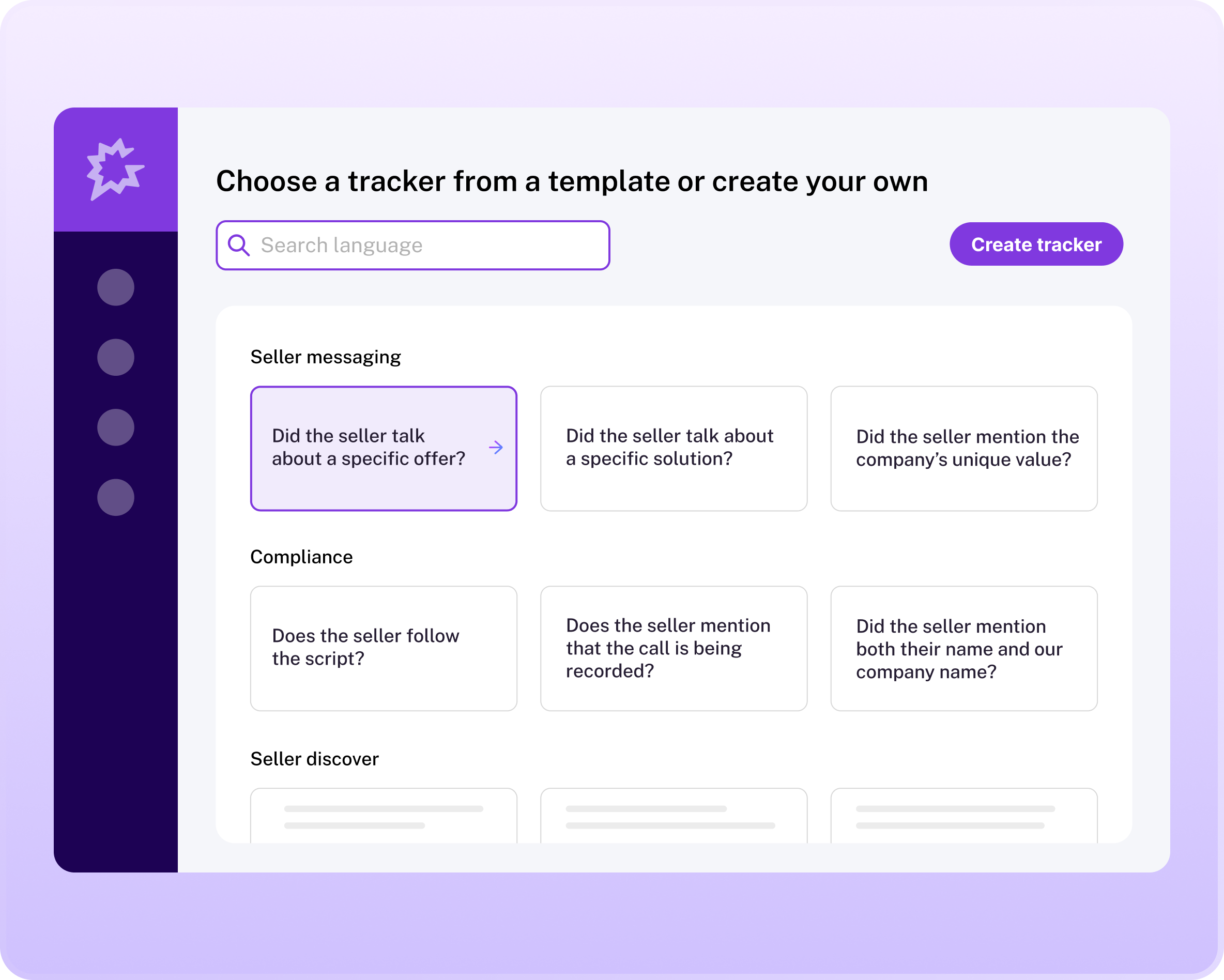 Tracker template selection interface with seller messaging, compliance, and discovery categories for call coaching.