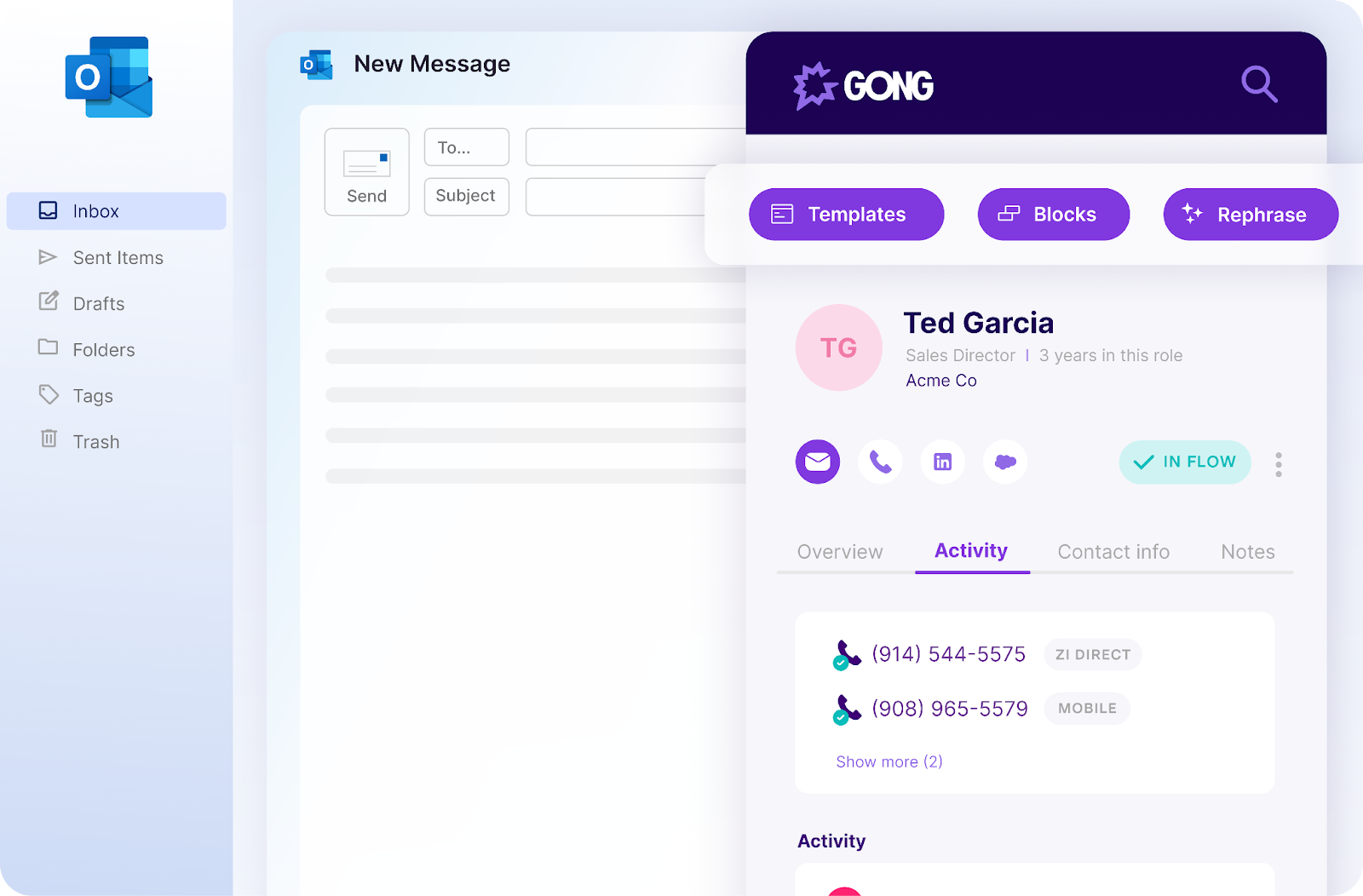 Gong interface showing email composition with Ted Garcia contact details and communication options