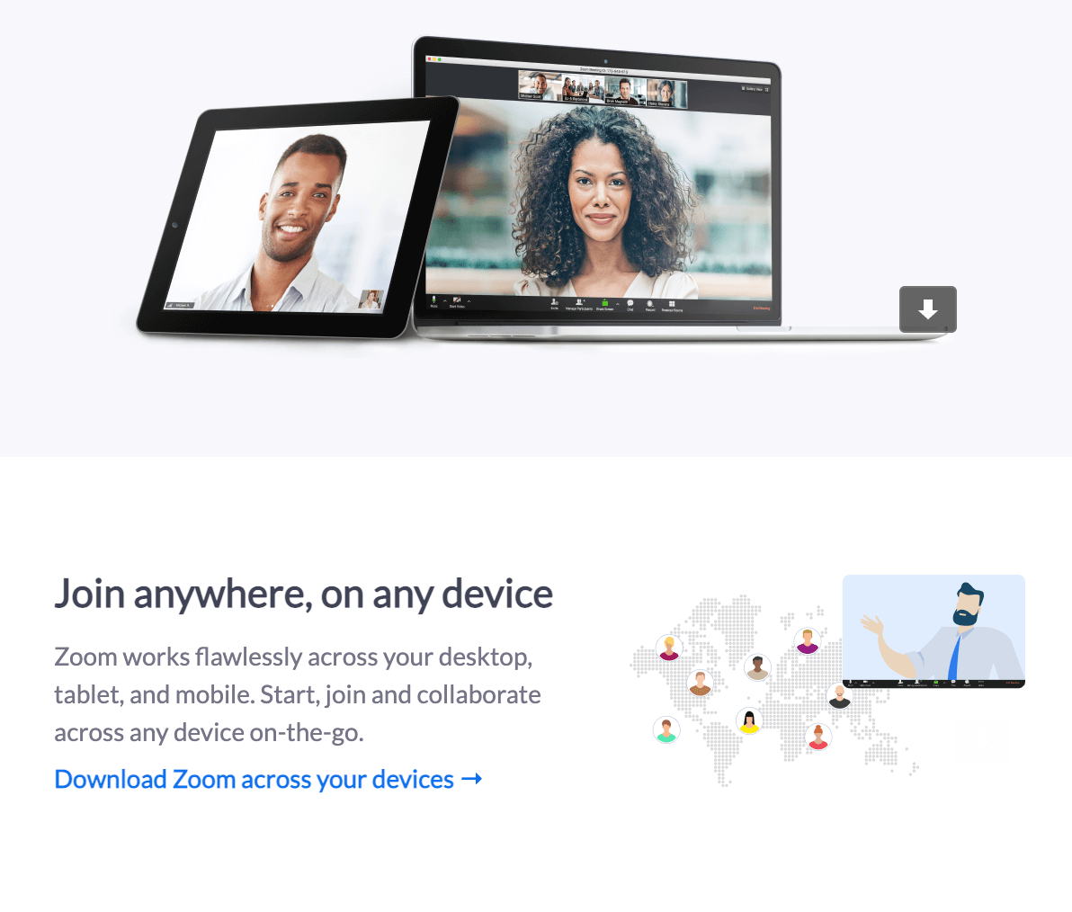Zoom video conference interface showing two participants on tablet and laptop with global collaboration icons below
