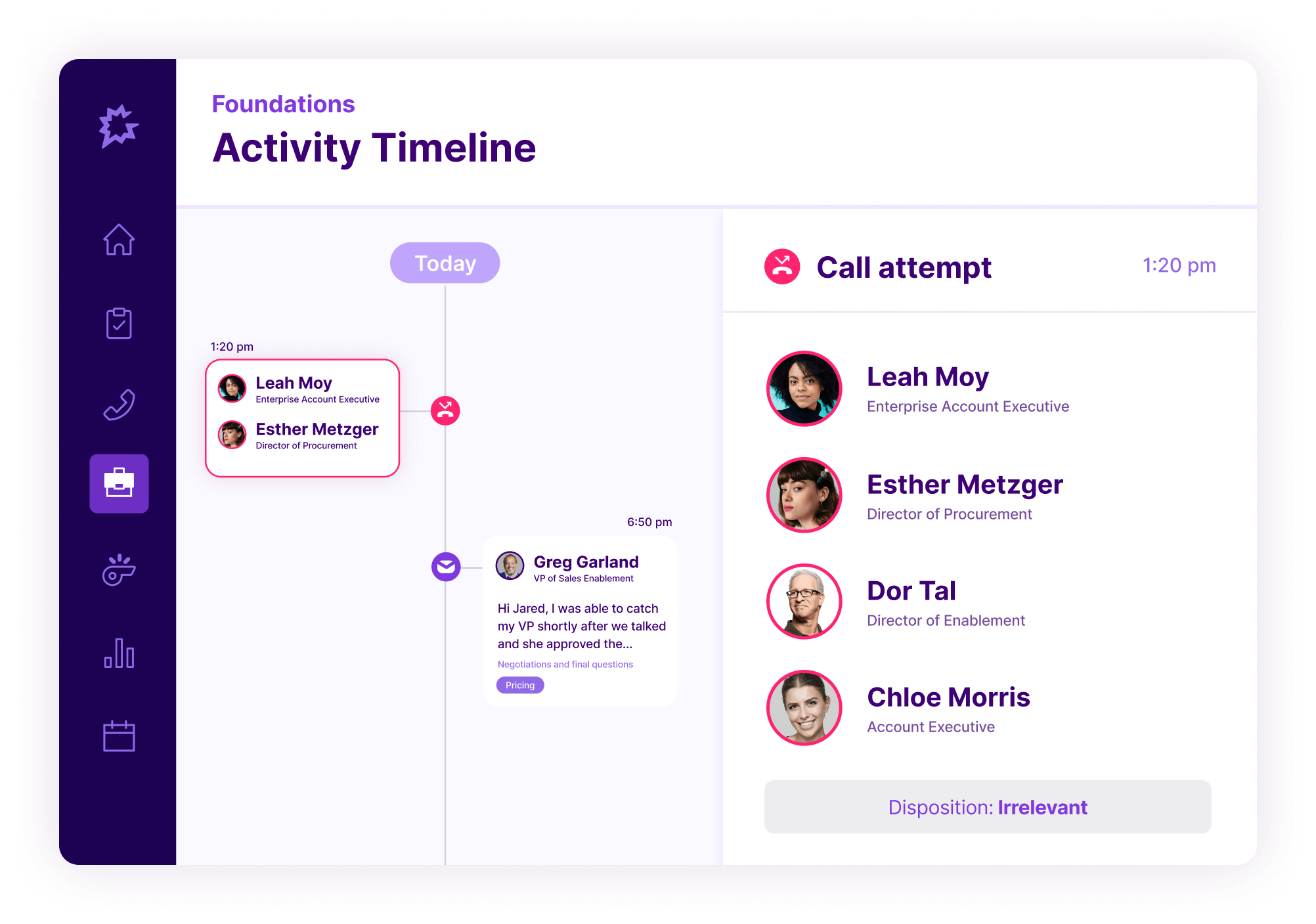 Activity timeline showing call attempt at 1:20 pm with team members and conversation details