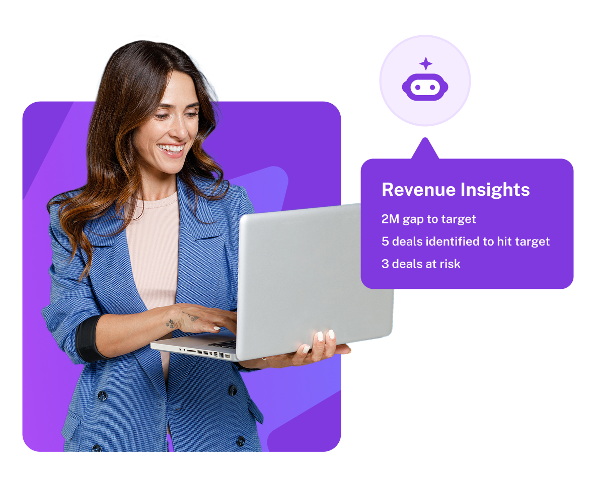 Woman with laptop viewing revenue insights dashboard showing $2M gap to target, 5 deals identified, and 3 at-risk deals