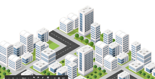 Isometric city illustration with buildings and roads