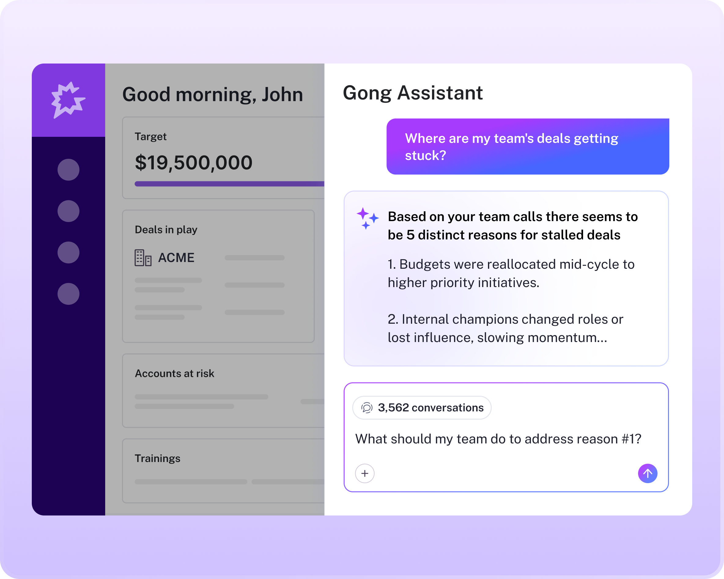Gong Assistant chat window where someone asked "Where are my team's deals getting stuck?"