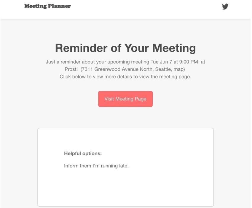 Meeting reminder email for June 7 at 9:00 PM at Prost in Seattle with visit meeting page button