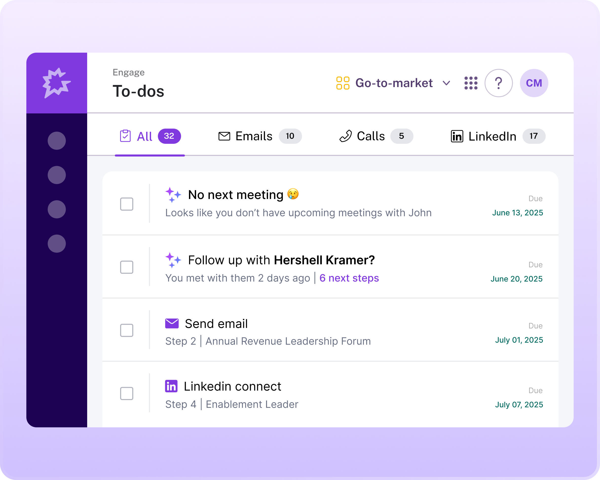 To-do list showing sales engagement tasks including follow-ups, emails, and LinkedIn outreach with due dates.
