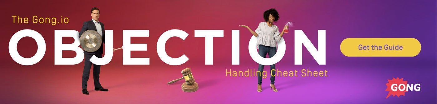 The Gong.io Objection Handling Cheat Sheet guide banner with professionals and legal elements