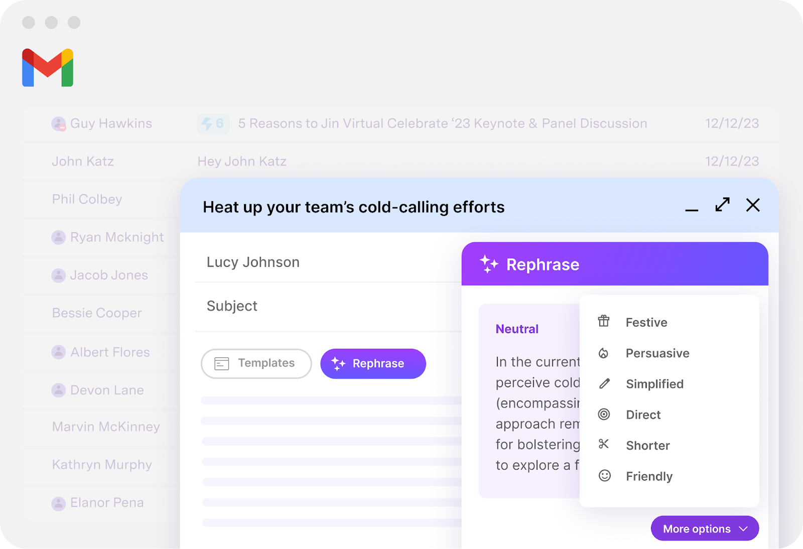 Gong AI Rephrase tool showing tone options for rewriting a cold-calling email subject line from Lucy Johnson.