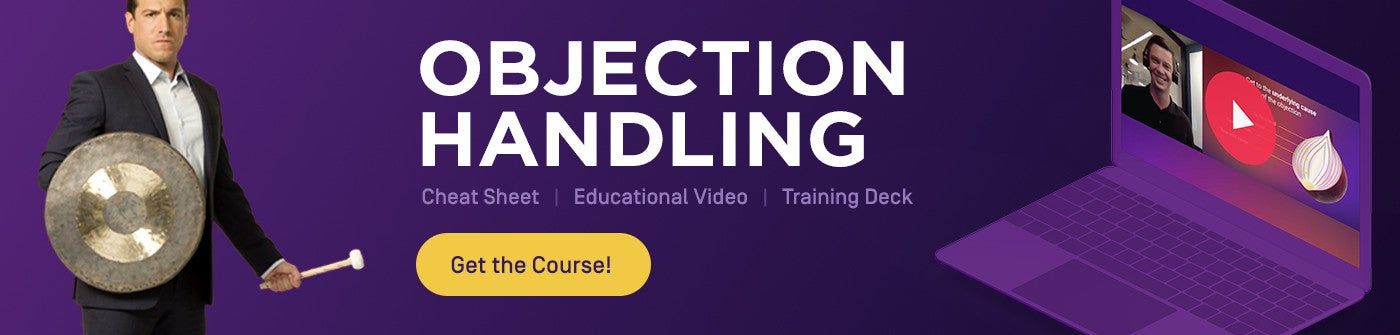 Objection handling course promotion with businessman and gavel graphic