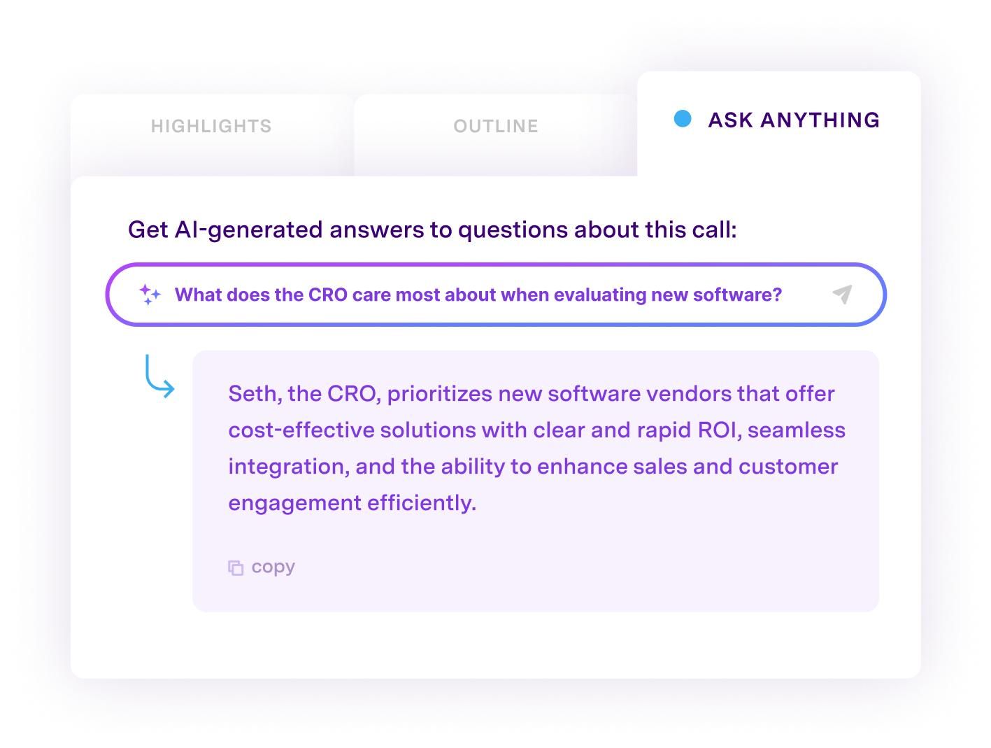 Ask Anything feature showing AI-generated answer about CRO software evaluation priorities
