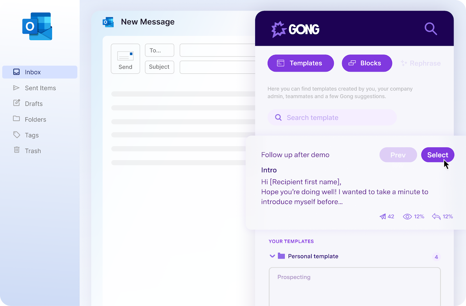 Gong email template interface showing follow-up demo message with engagement metrics