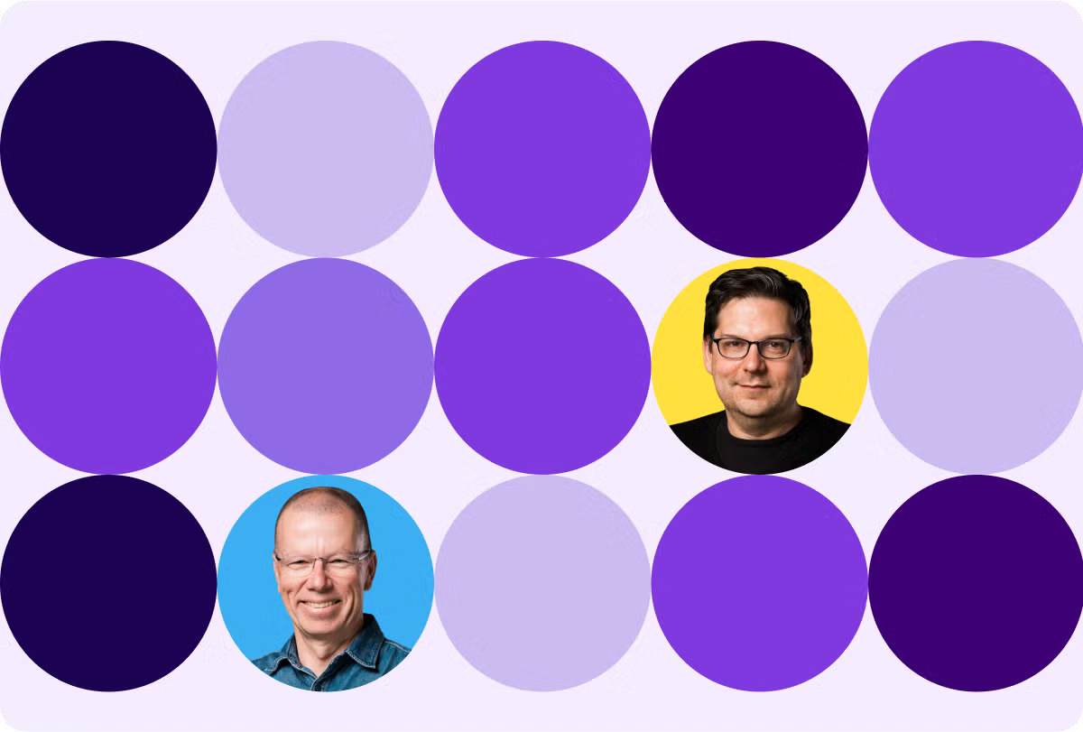 Purple circles in lines with two male headshots in circles