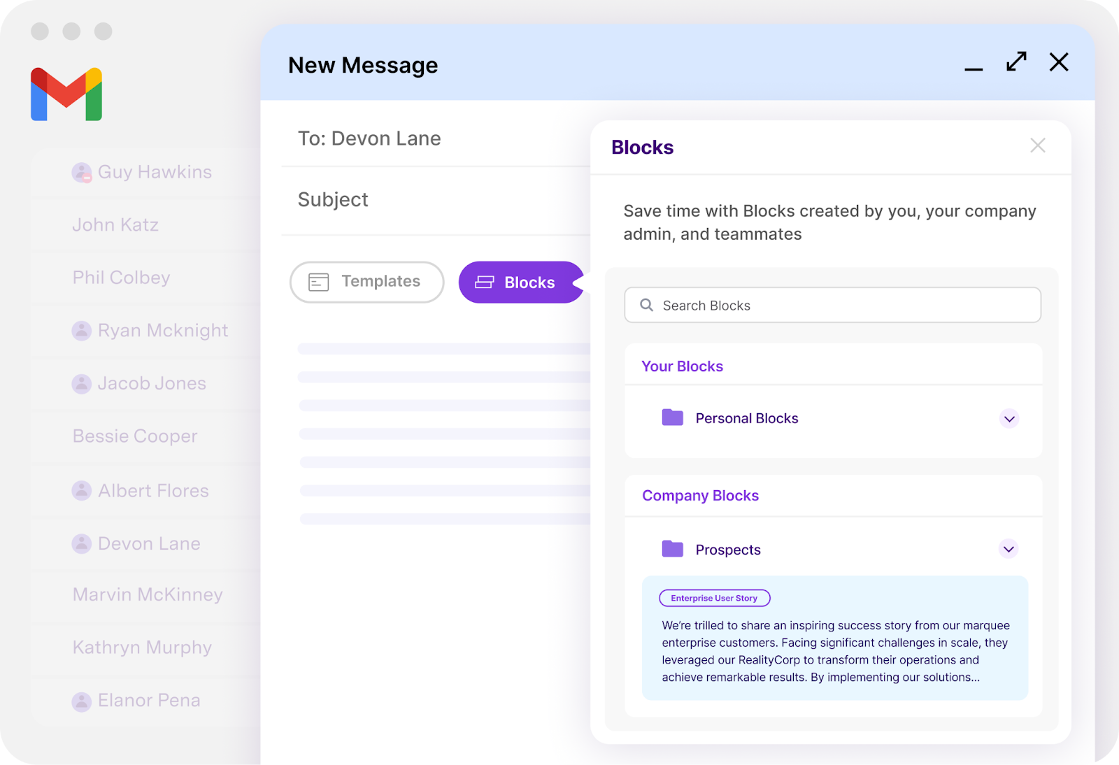 Gmail compose window showing Blocks panel with Personal and Company block categories